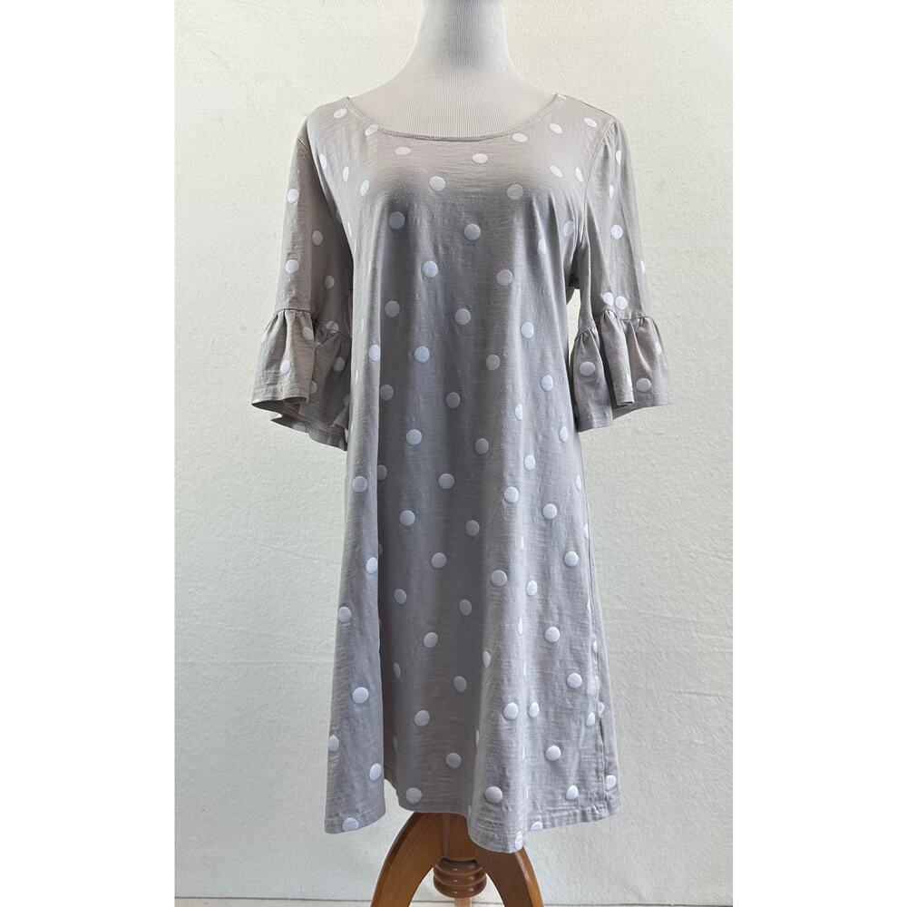 Suzanne Betro Stone & White Polka Dot Cotton Ruffle Sleeve Shift Dress SZ XL